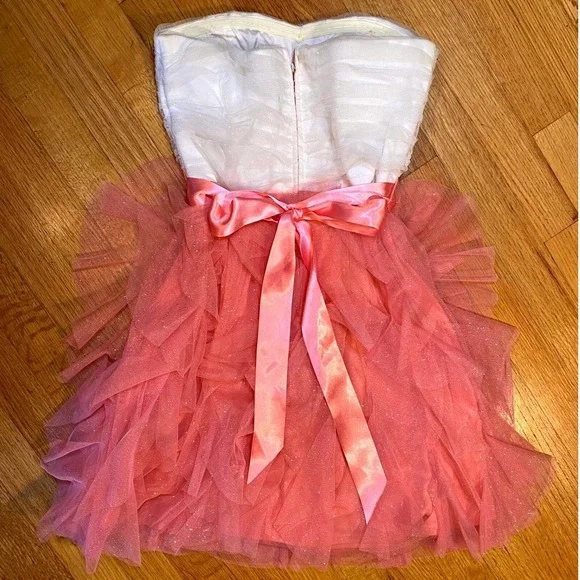 Teeze Me Strapless Party Dress Ruffle‎ Tulle Pink Ribbon White Size 9 - Picture 2 of 7